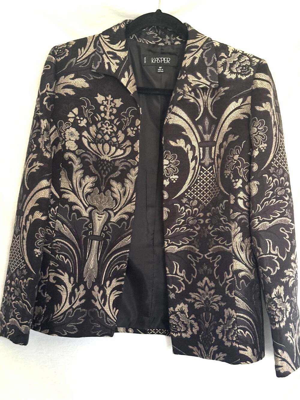 KASPAR Jacquard Damask Blazer Black w/Champagne Open Front Notch Collar Sz 8P